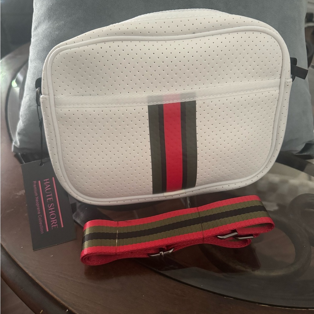 Haute Shore White Belt Bag with Red and Black Stripes